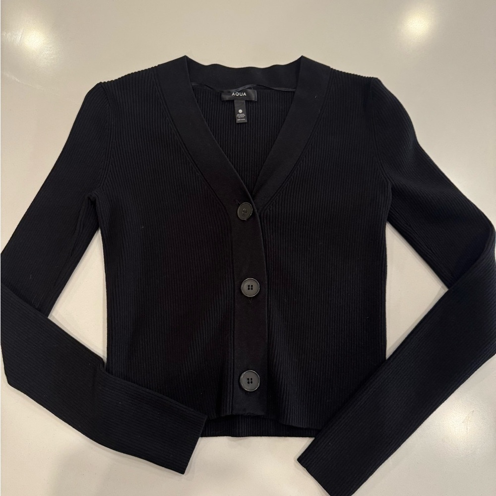 Aqua Black Cardigan Sweater with Long Sleeves and V-Neck Design